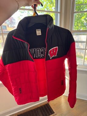 PINK Victoria's Secret Red and Black Puffer Jacket with Wisconsin W Logo